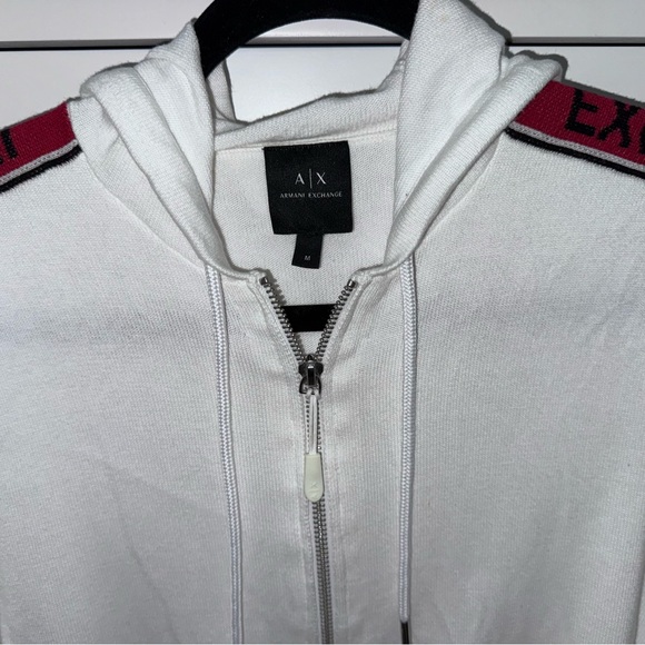 Armani Exchange Mens Zip Up Hoodie White & Red AX Arm Stripe Logo Sweater Medium - Picture 2 of 7